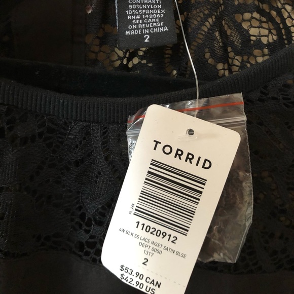 Torrid Black Lace Inset Short Sleeve Satin Blouse - Picture 2 of 2